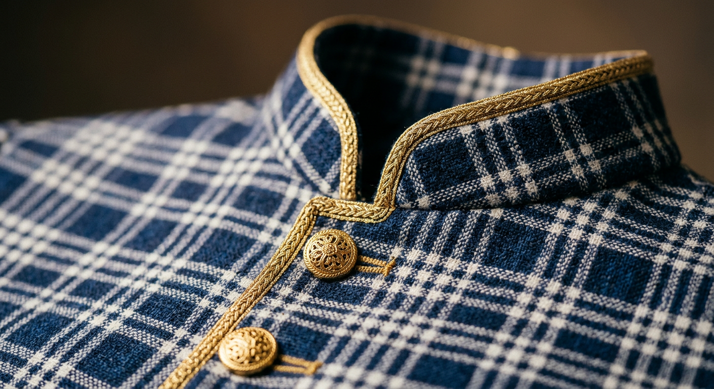 Detail of a tailored collar with gold braid and buttons