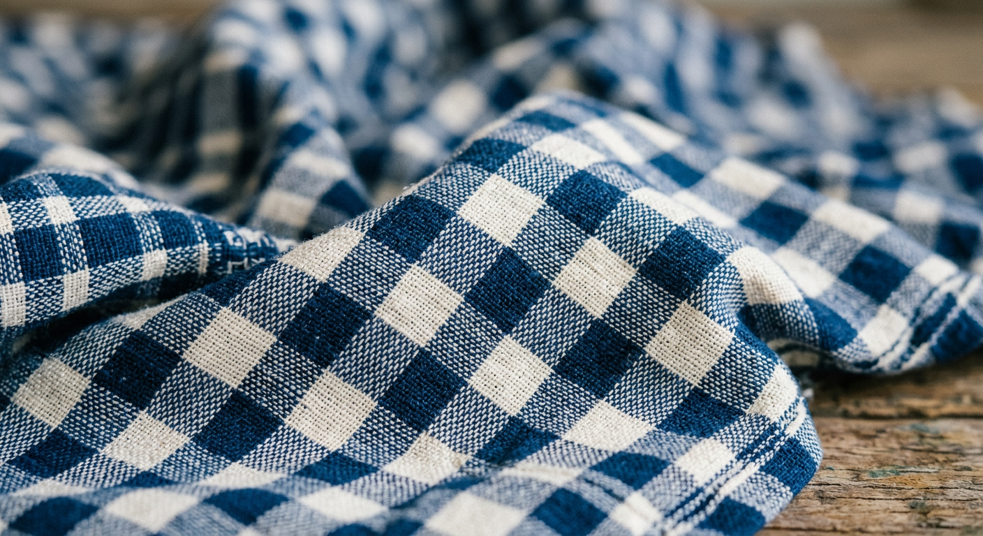 Close-up of indigo and white checked Leteisi fabric