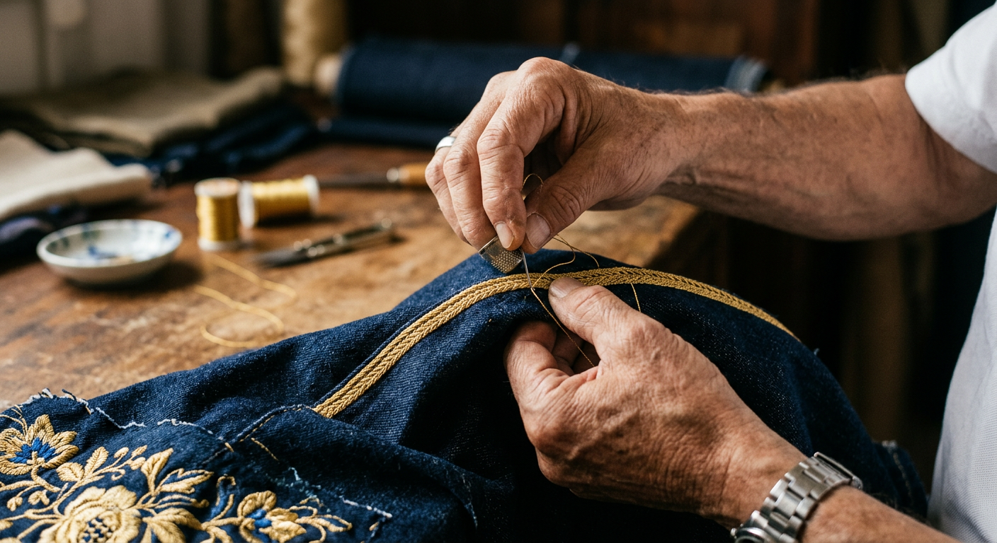 A tailor's hands stitching gold thread embroidery