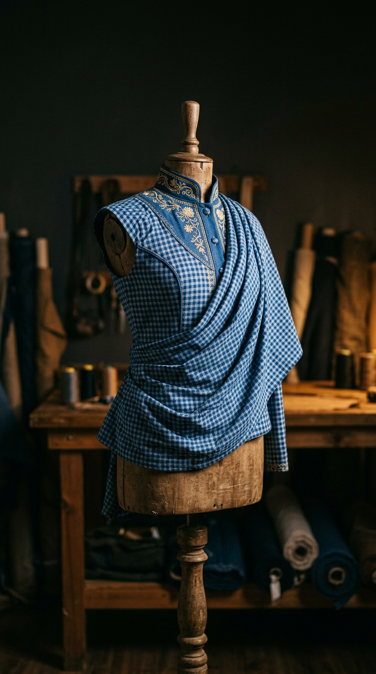 A tailored indigo and white Leteisi garment with gold embroidery, displayed on a mannequin in a tailor's workshop