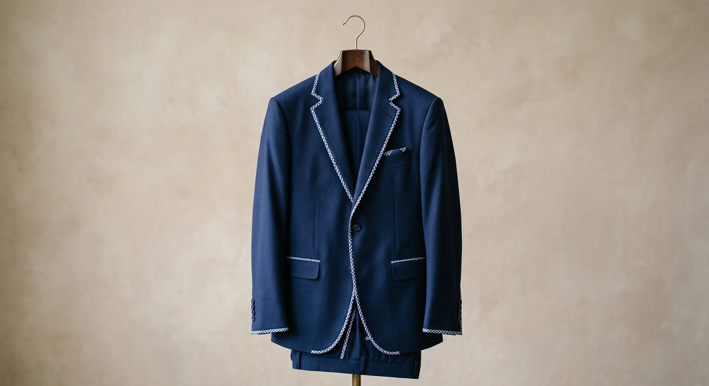 A navy suit with Leteisi-check trim on a hanger for a formal event