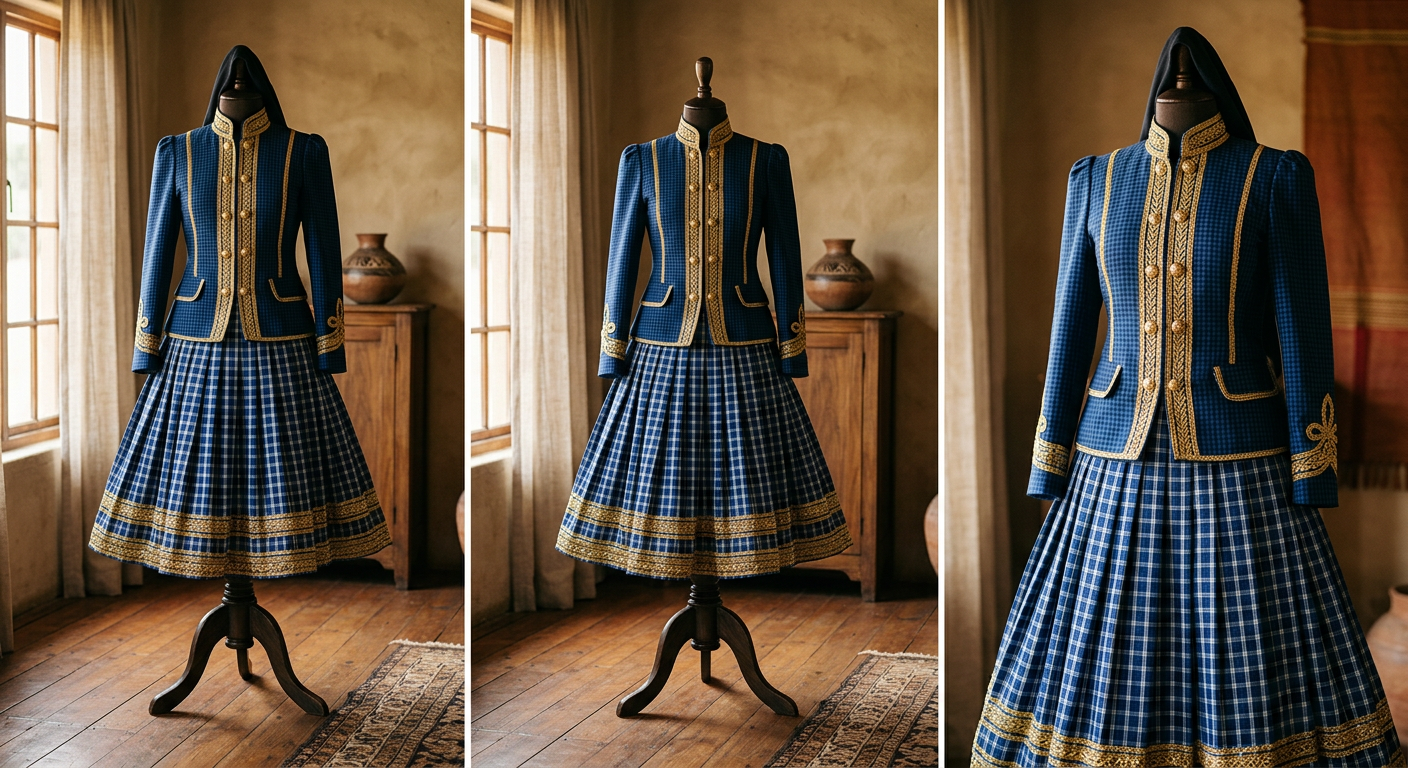 A tailored indigo and white check Setswana ceremonial jacket and skirt for magadi