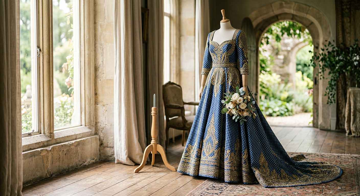 An indigo and gold Leteisi wedding gown displayed in a bright room