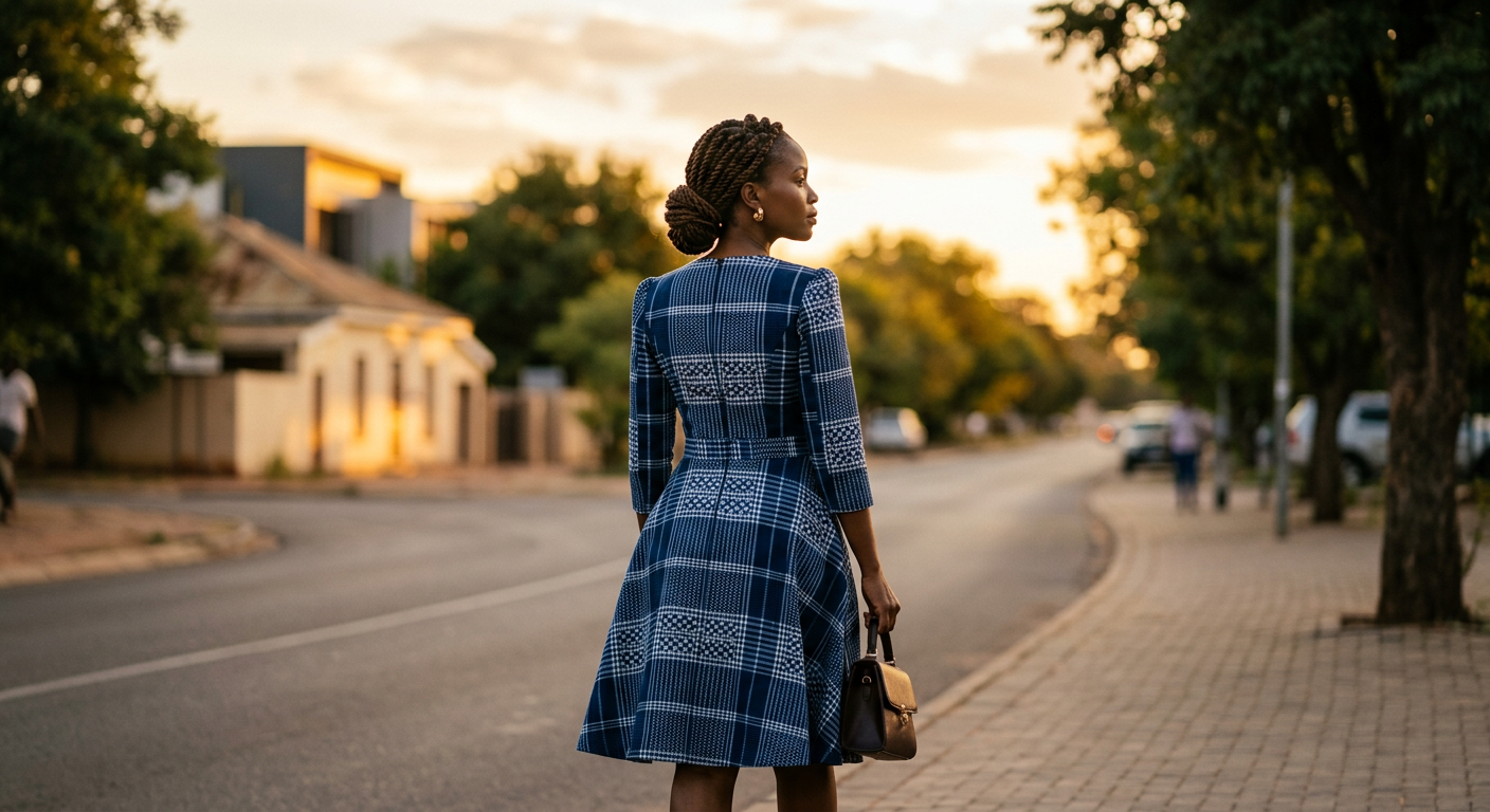 A woman in a tailored indigo and white Leteisi dress on a Gaborone street at golden hour